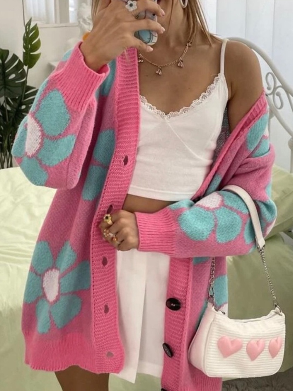 Shein Pink Floral Knit Cardigan Sweater Size M